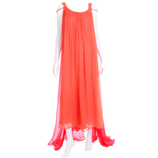 1970s Yves Saint Laurent Couture Silk Orange & Red Dress Evening Gown 
