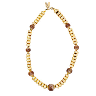 1970s YSL Vintage Gold Disc Bead Necklace W Brown Beads Yves Saint Laurent