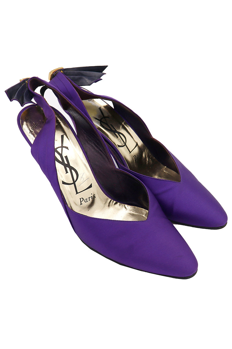 Yves Saint Laurent 1985 Purple Slingback Shoes Gold Rhinestone Buckles