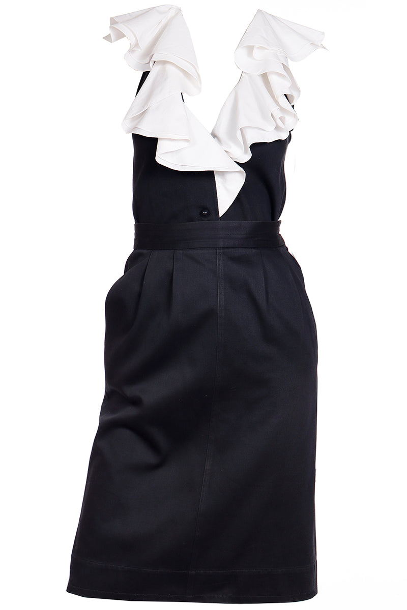 1980s YSL Vintage Piece Black Cotton Dress W White Ruffles – Modig