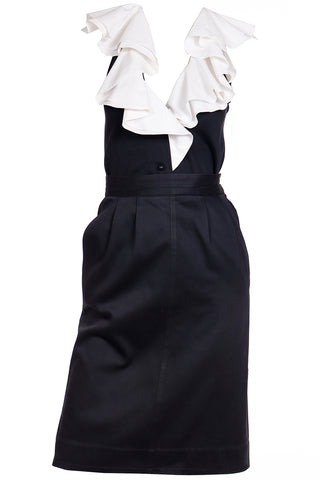 1980s Yves Saint Laurent two piece black dress with large white ruffle collar