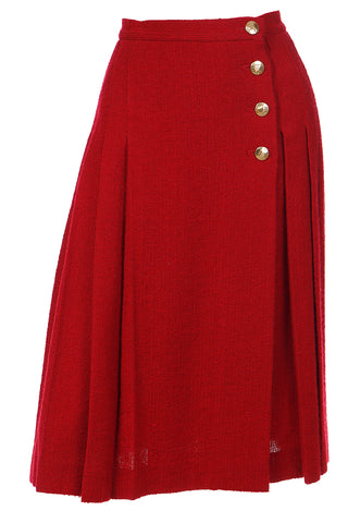 1990s Yves Saint Laurent Burgundy Red Boucle Wool Pleated Skirt