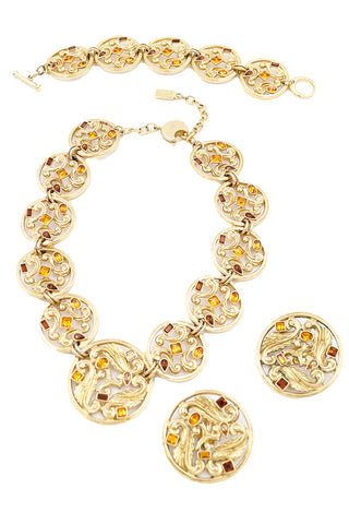 1980s YSL 3 pc Gold Jewelry Baroque Open Work Necklace Earrings Bracelet Set