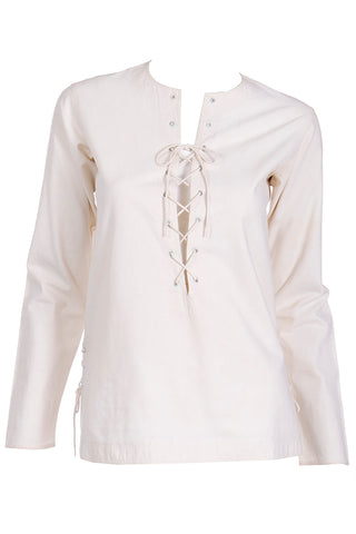 1970s Yves Saint Laurent Natural Cotton Muslin Safari Top With Lace Up Front