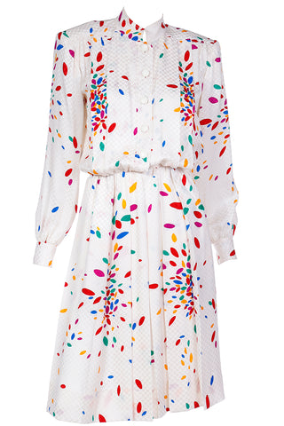 1980s Yves Saint Laurent Tonal Print Ivory Silk Dress w Colorful Shapes