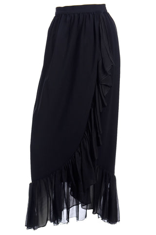 1970s Yves Saint Laurent Vintage Black Silk Long Ruffled Skirt