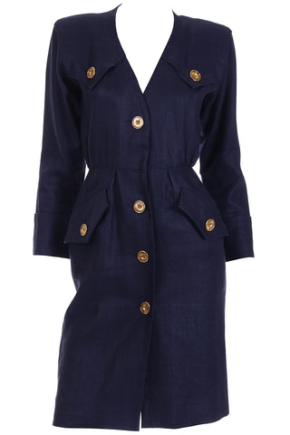 1987 Yves Saint Laurent Vintage Navy Blue Linen Dress w Gold Buttons
