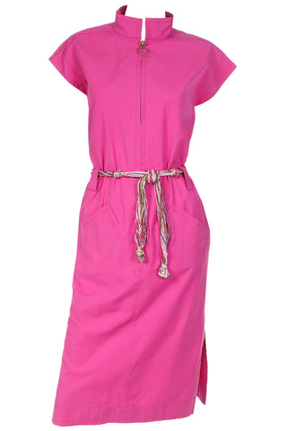 1980s YSL Zip Front Pink Dress with Tassel Belt