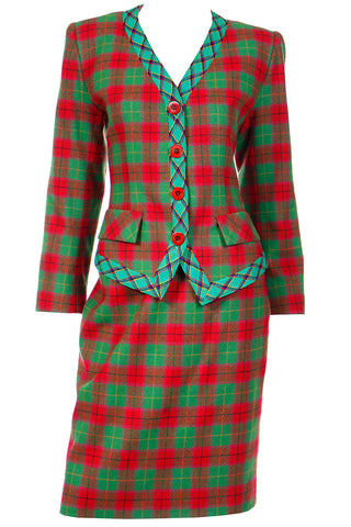 1995 Yves Saint Laurent Red & Green Plaid Cashmere & Wool Skirt Suit