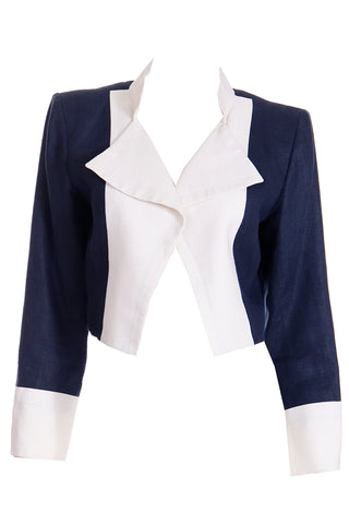 1990s Yves Saint Laurent Rive Gauche Navy Blue & White Cropped Jacket