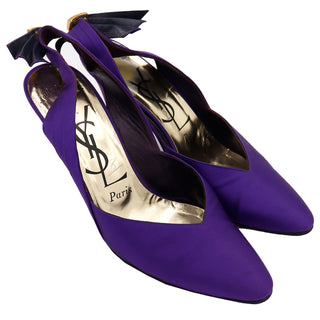 1985 Yves Saint Laurent Documented Purple Satin Rhinestone Slingback YSL Paris Shoes Size 8 