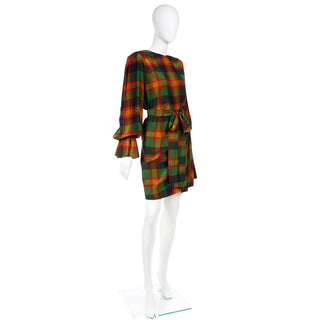 1990s Yves Saint Laurent Green Plaid Silk Blouse & Skirt Dress
