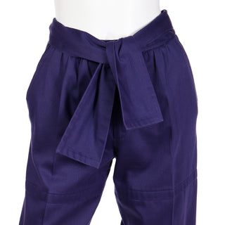 1980s Yves Saint Laurent Purple Cotton Trousers W Attached Sash Belt sz Small
