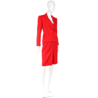 1980s Yves Saint Laurent Red & Navy Pinstriped Skirt & Jacket Suit