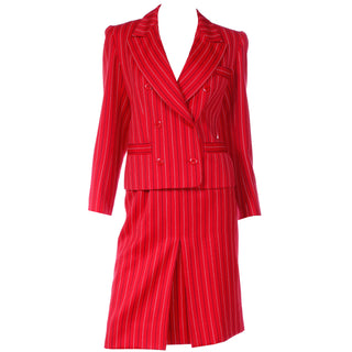 1980s Yves Saint Laurent Red & Navy Pinstriped Skirt & Double Breasted Jacket Suit