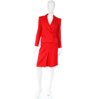 1980s Yves Saint Laurent Red & Navy Pinstriped Size 40 Skirt & Jacket Suit