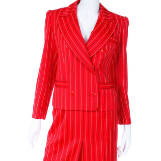 1980s Yves Saint Laurent Red & Navy Pinstriped Skirt & Jacket Suit Size M