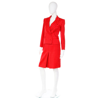 YSL 1980s Yves Saint Laurent Red & Navy Pinstriped Skirt & Jacket Suit