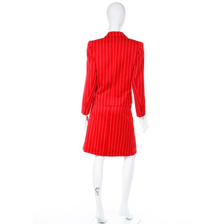1980s Yves Saint Laurent Red & Navy Pinstriped Skirt & Jacket Suit Sz 40