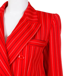 1980s Yves Saint Laurent Red & Navy Pinstriped Skirt & Jacket Suit Size Medium