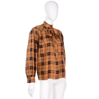 1980s Yves Saint Laurent Gold Plaid Silk Vintage Blouse Made In France YSL