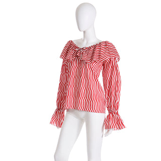 1980 vintage YSL wavy red and white striped blouse with drawstring collar