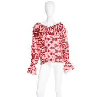 1980 Yves Saint Laurent Wavy Striped Top with Ruffle Collar