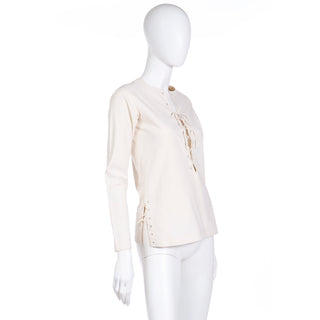 70s Yves Saint Laurent Natural Cotton Muslin Safari Top With Lace Up Front