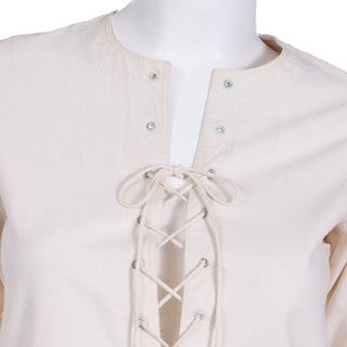 1970s Yves Saint Laurent Natural Cotton Muslin Safari Top With Lace Up Front and sides