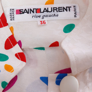 1980s Yves Saint Laurent Tonal Print Ivory Silk Dress w Colorful Shapes France