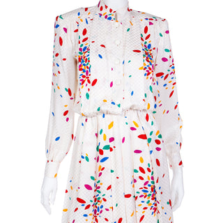 1980s Yves Saint Laurent Tonal Print Ivory Silk Dress w Colorful Shapes YSL Modig Collection