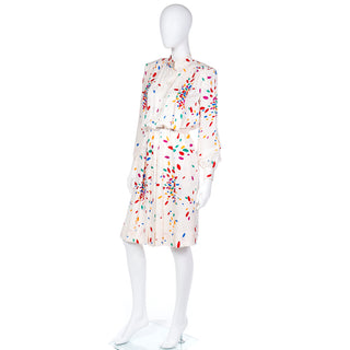 1980s Yves Saint Laurent Tonal Print Ivory Silk Dress w Colorful Shapes YSL collection