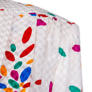 1980s Yves Saint Laurent Tonal Print Ivory Silk Dress w Colorful Shapes YSL Modig
