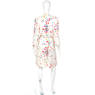 1980s Yves Saint Laurent Tonal Print Ivory Silk Dress w Colorful Shapes YSL