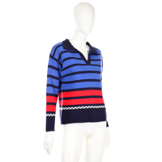 1990s Yves Saint Laurent Variation Striped Sweater with V Neck Collar