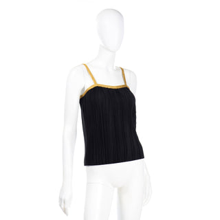 YSL 1970s Yves Saint Laurent Black Ribbed Camisole Top With Gold Trim