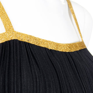 1970s Yves Saint Laurent Black Ribbed Camisole Top With Metallic Gold Trim