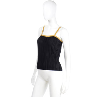 YSL 1970s Yves Saint Laurent Black Ribbed Camisole Top With Gold Trim Pleated