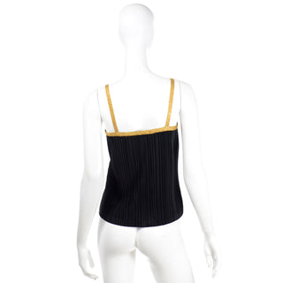 1970s Yves Saint Laurent Black Ribbed Camisole Top With Gold Trim YSL Cami
