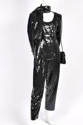 YSL Vintage Black Sequins Evening Pants Top Handbag & Scarf