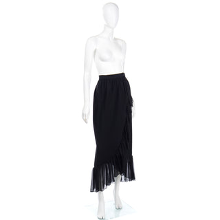 1970s Yves Saint Laurent Vintage Black Silk Long Ruffled Skirt Asymmetrical