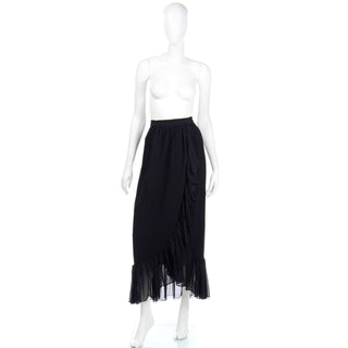 1970s Yves Saint Laurent Vintage Black Silk Long Ruffled Skirt Wrap style
