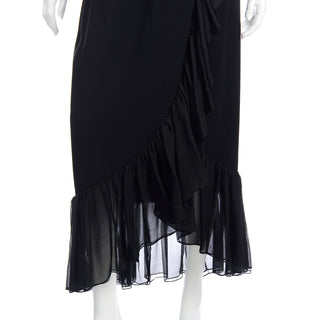 1970s Yves Saint Laurent Vintage Black Silk Long Ruffled Skirt size 6 Wrap style