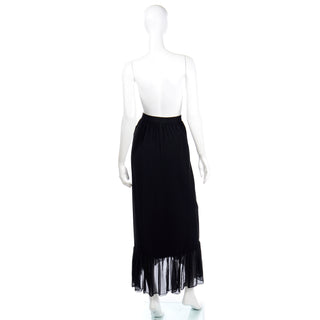 1970s Yves Saint Laurent Vintage Black Silk Long Ruffled Skirt Wrap Style size 6