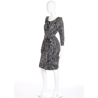 Vintage YSL silk black and white dress with a scoop neck top and wrap skirt