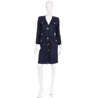 1987 Yves Saint Laurent Vintage Navy Blue Linen Dress w Gold Buttons France