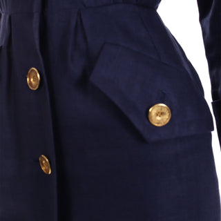 1987 Yves Saint Laurent Vintage Navy Blue Linen Dress w Gold Buttons and pockets