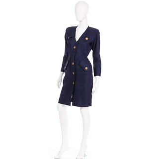 1987 Yves Saint Laurent Vintage Navy Blue Linen Dress w Gold Buttons Made in France Rive Gauche