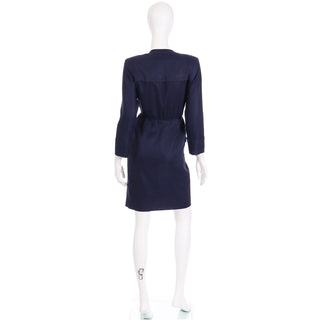 1987 Yves Saint Laurent Vintage Navy Blue Linen Dress w Gold Buttons YSL
