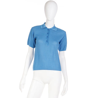 1970s Yves Saint Laurent Blue Cotton Short Sleeve Polo Blouse